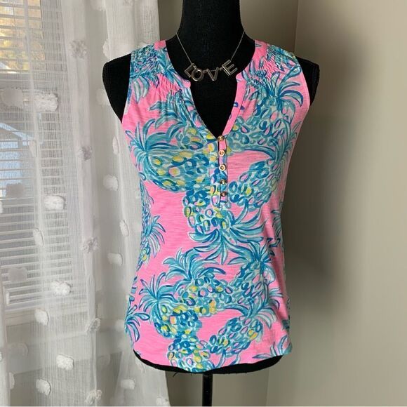 Lilly Pulitzer Essie Pelican Pink Beat the Heat sleeveless printed pineapple top - Picture 5 of 16